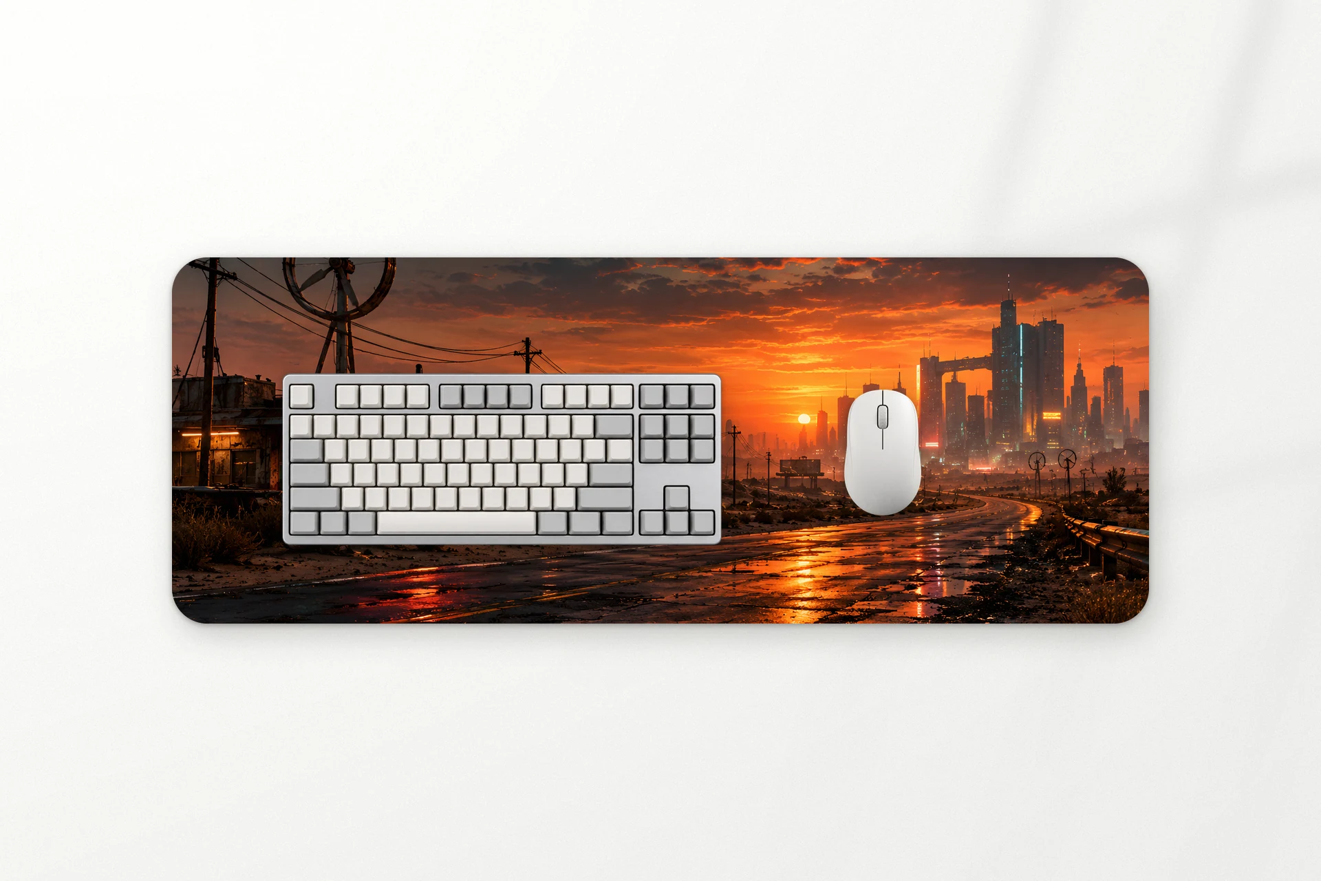 Afterglow desk mat, a desert highway at dusk with a glowing city skyline, 80 x 30 cm