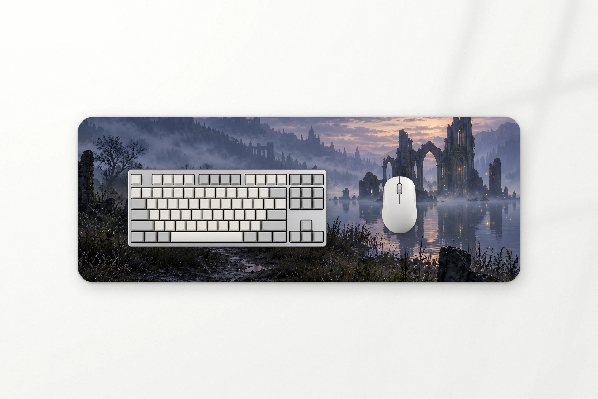 Ashfield desk mat, gothic ruins in a misty lake at violet dusk, 80 x 30 cm