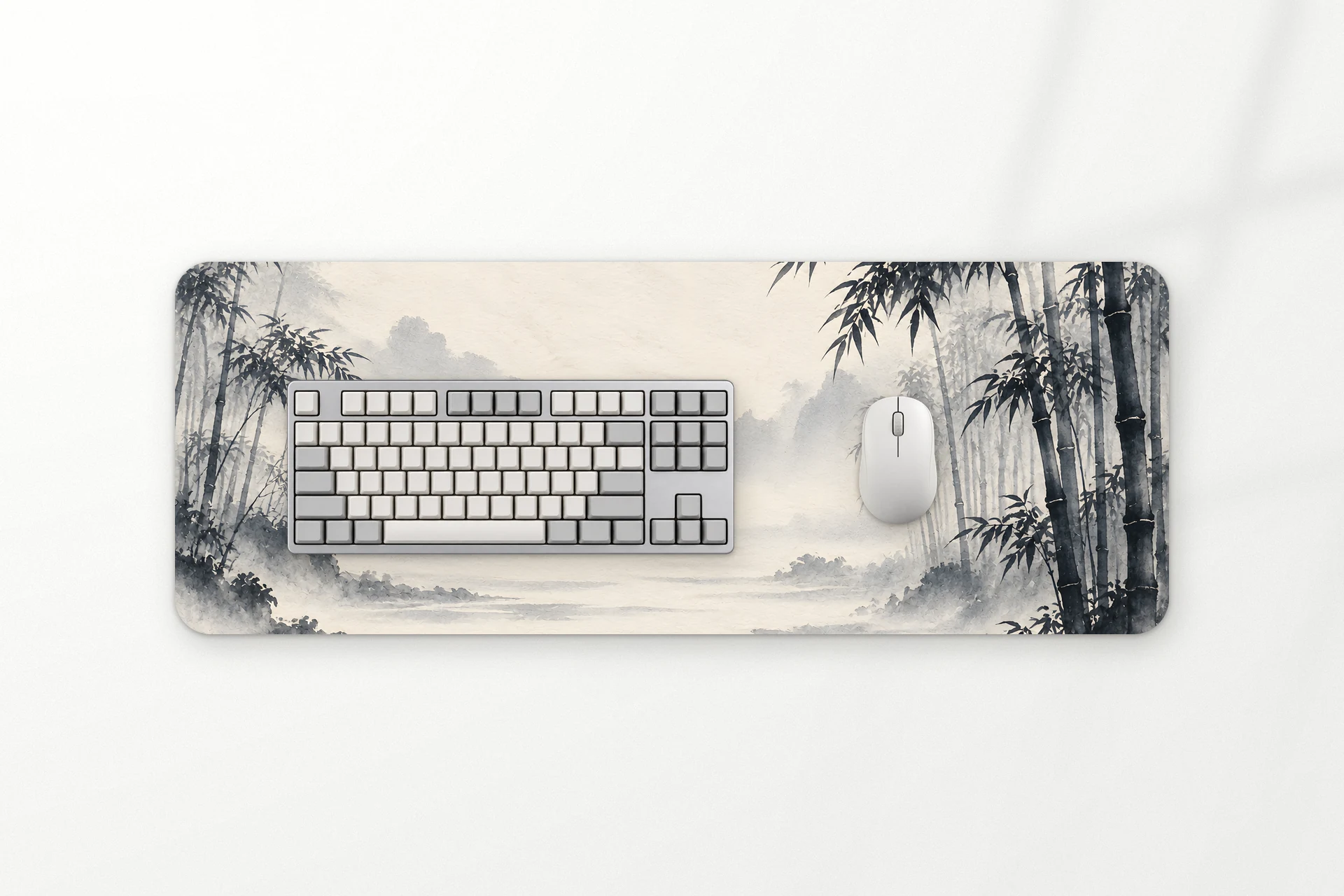 Bamboo desk mat, an ink painting of bamboo and far hills, 80 x 30 cm