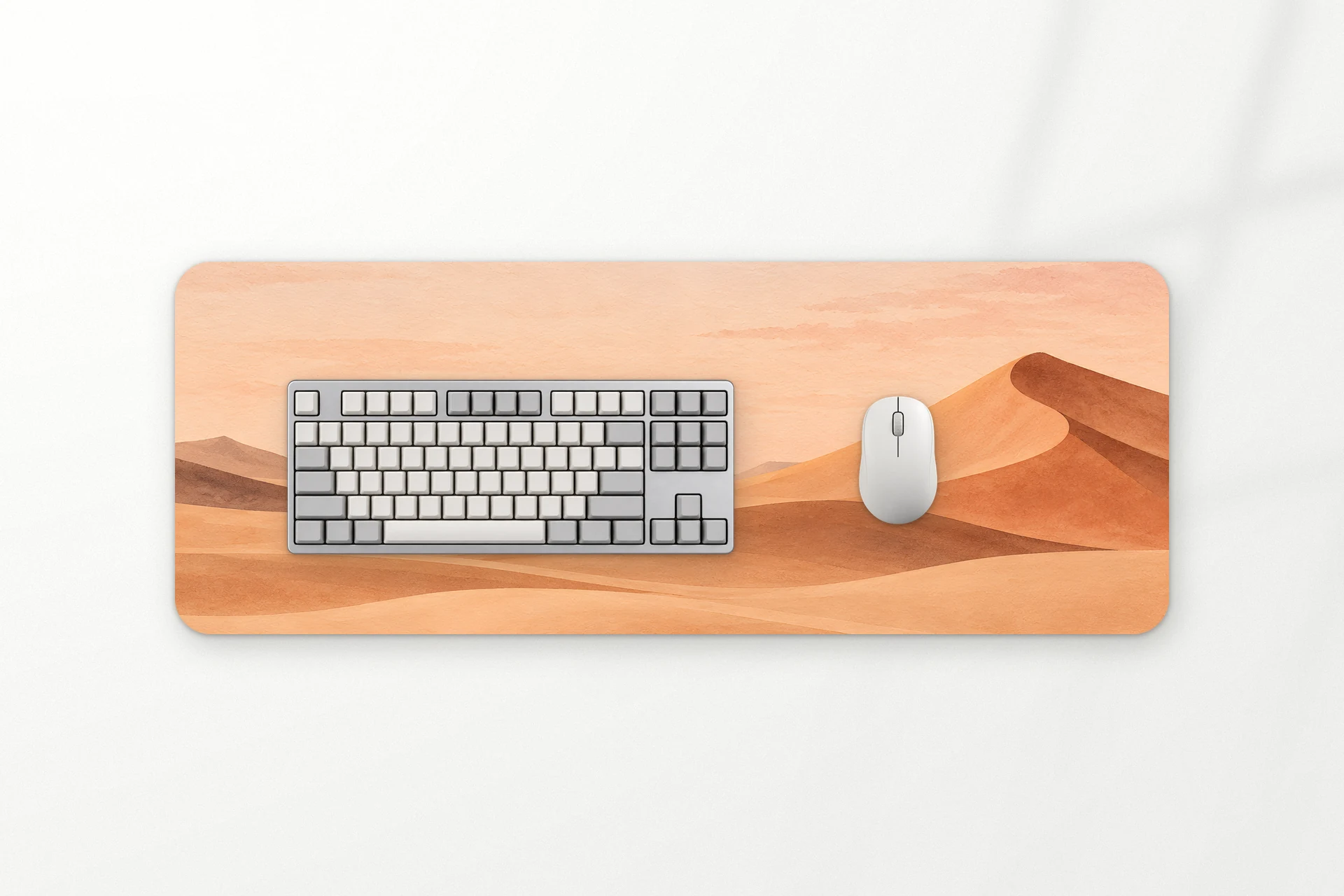 Dune desk mat, sand dunes at sunset under a peach sky, 80 x 30 cm