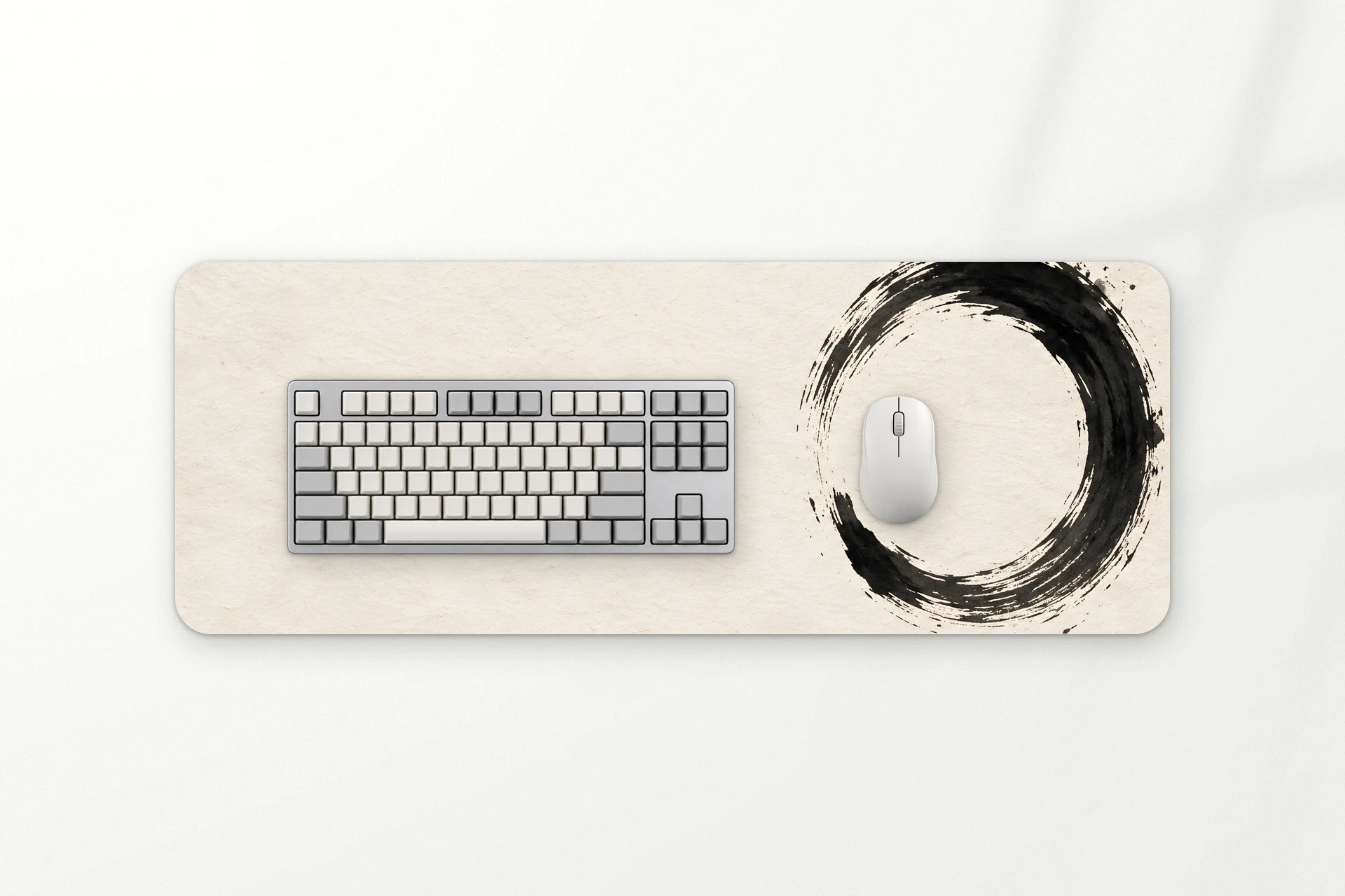 Enso desk mat, one black brush circle on warm paper, 80 x 30 cm