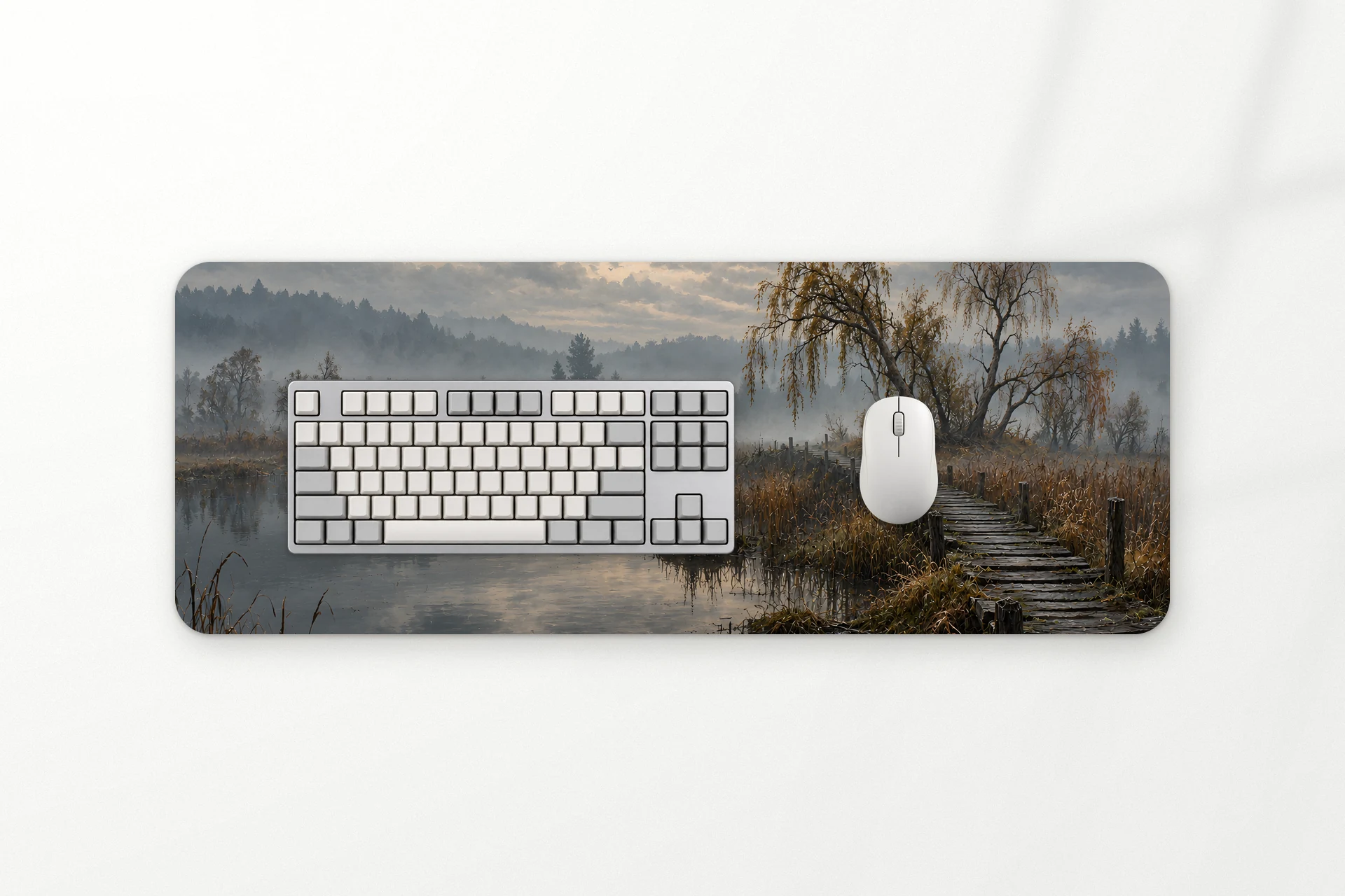 Fenland desk mat, a misty marsh with a willow and an old boardwalk, 80 x 30 cm