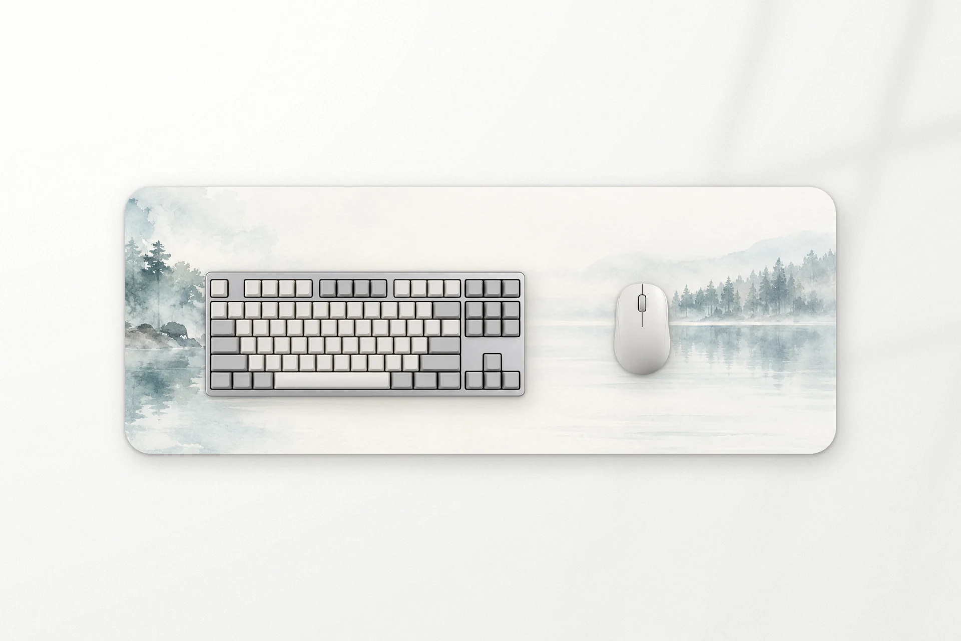 Fog desk mat, a still lake in fog with pines on both shores, 80 x 30 cm
