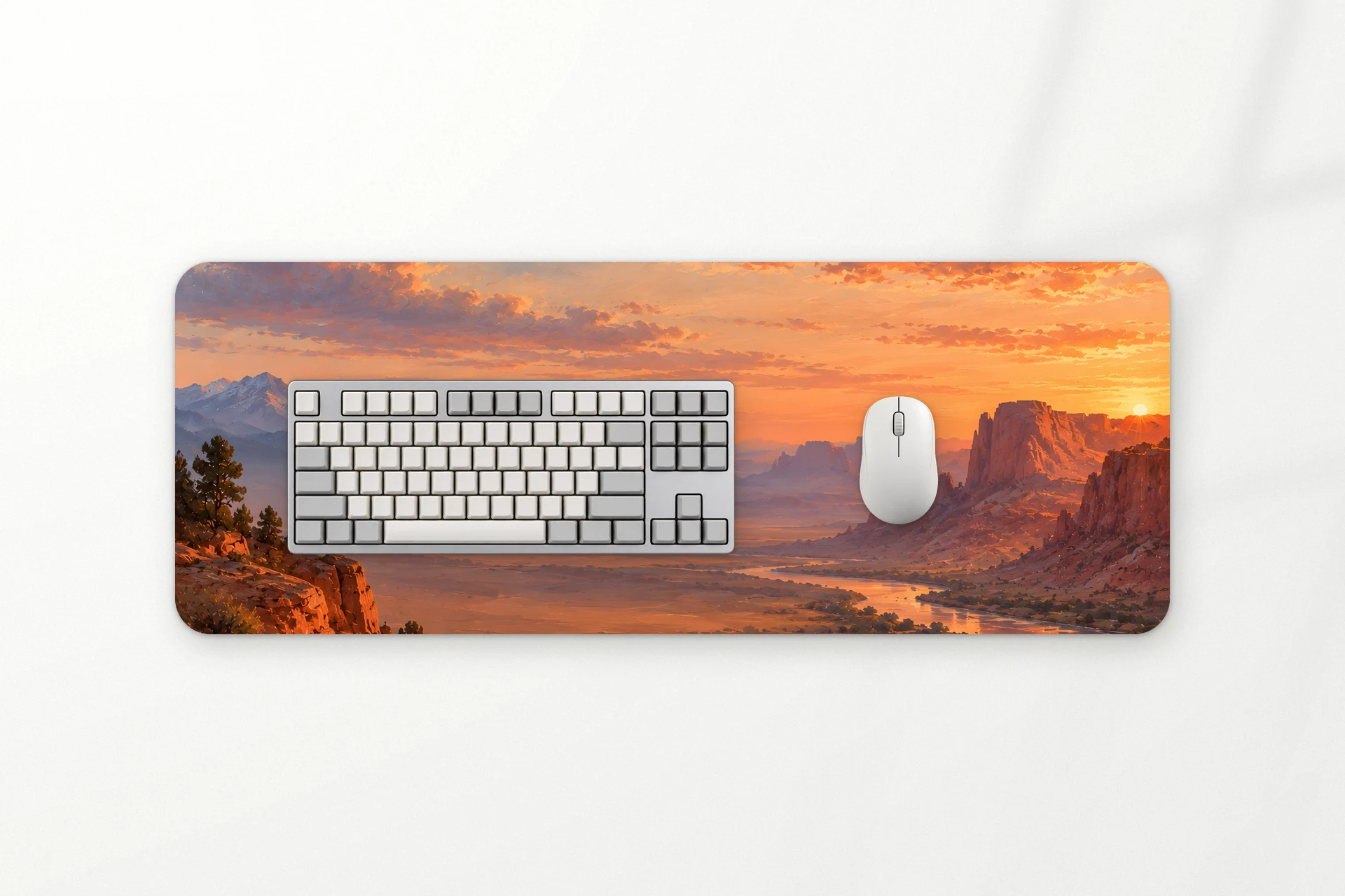 Frontier desk mat, a red rock valley under an orange sky, 80 x 30 cm