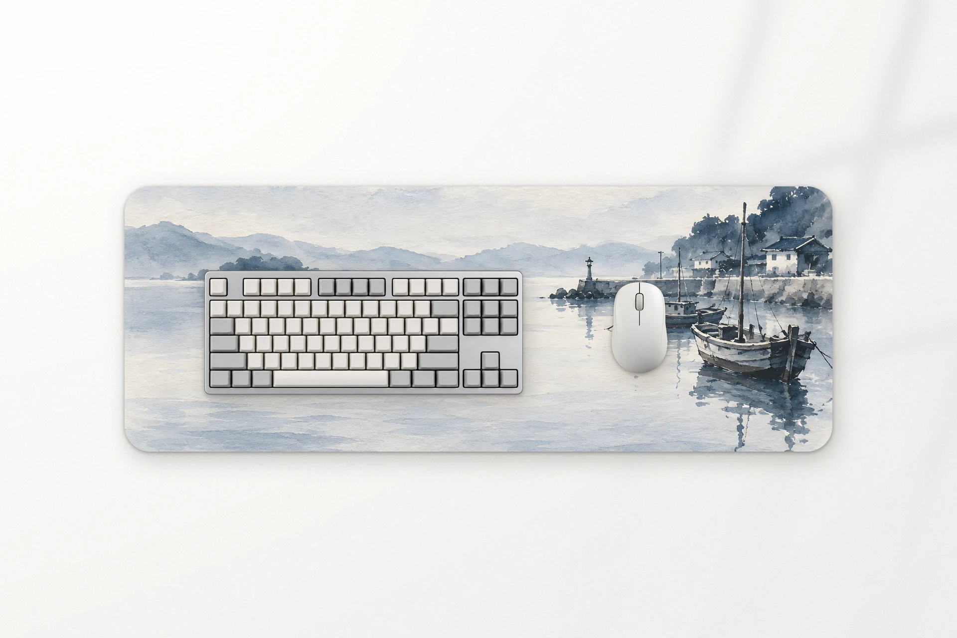 Harbour desk mat, fishing boats in a still harbour in indigo ink, 80 x 30 cm