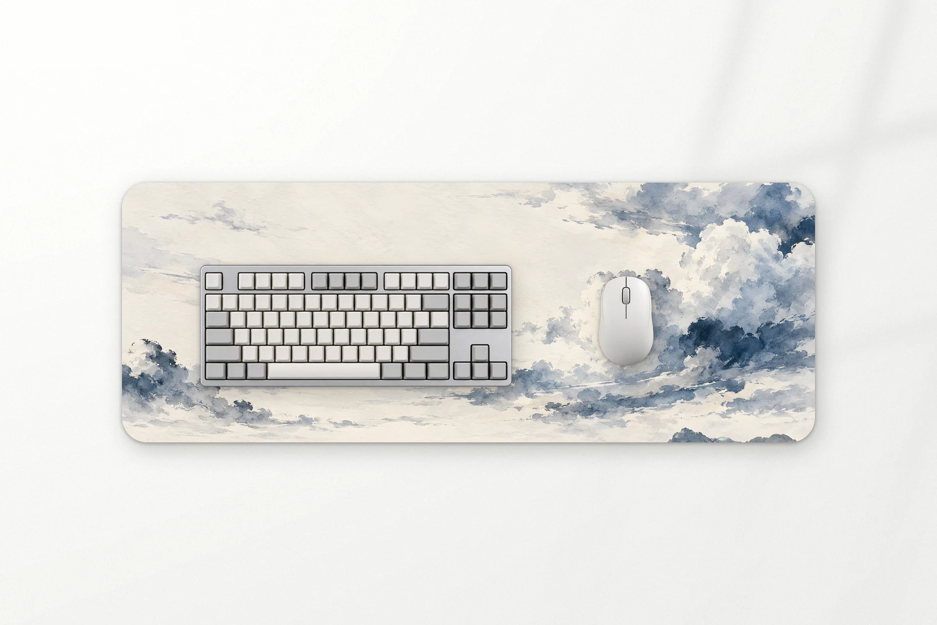 Kumo desk mat, blue ink clouds over far mountains, 80 x 30 cm
