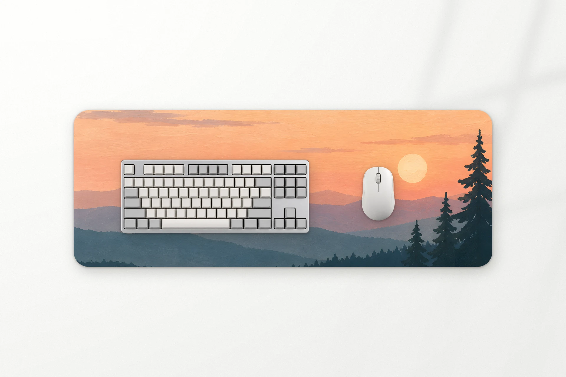Lookout desk mat, forest ridges at sunset in gouache, 80 x 30 cm