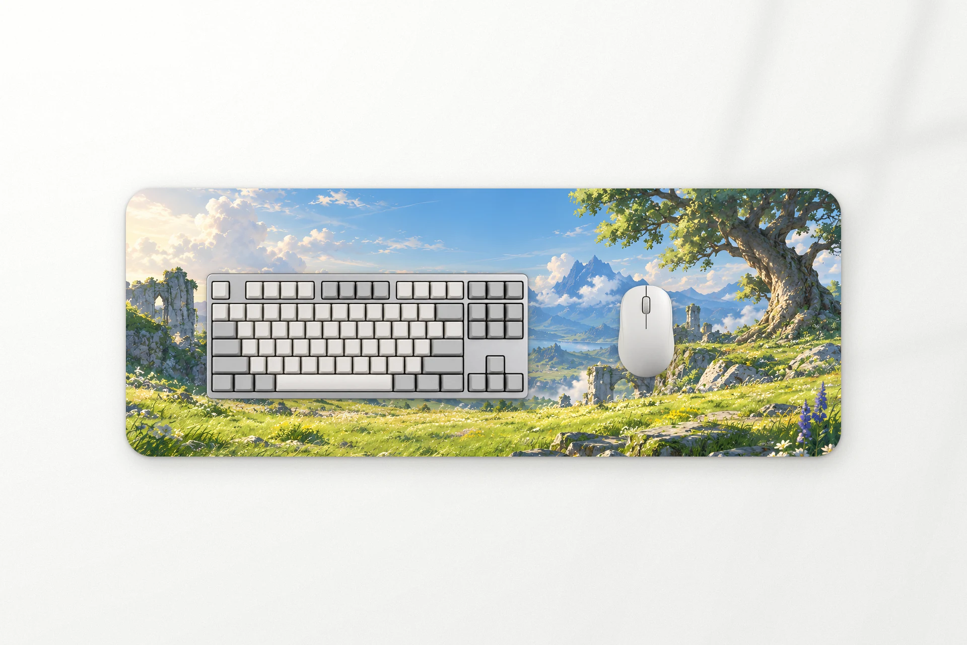 Meadow desk mat, a green hillside meadow under a big sky, 80 x 30 cm