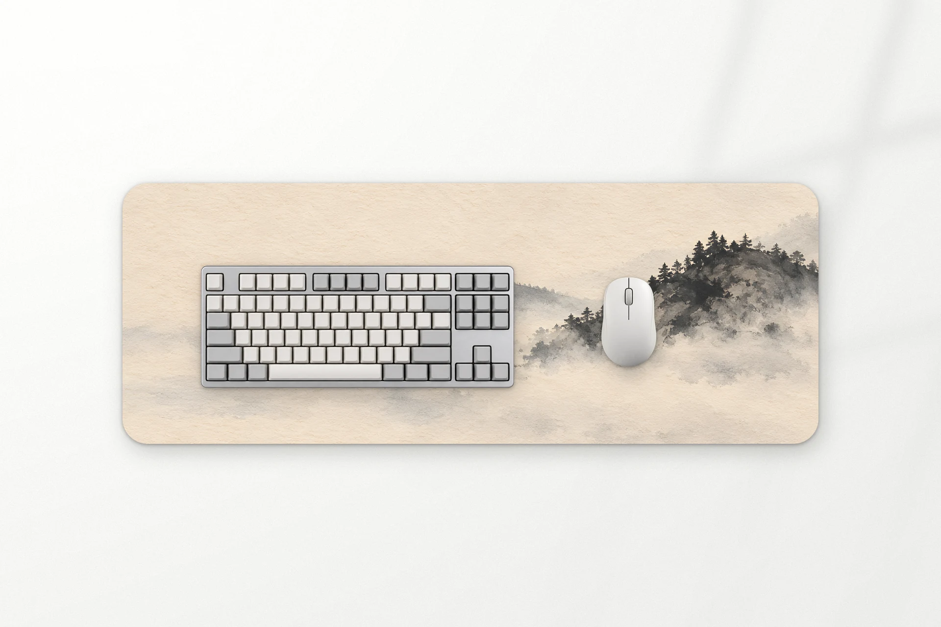 Mist desk mat, two hills in morning fog, 80 x 30 cm