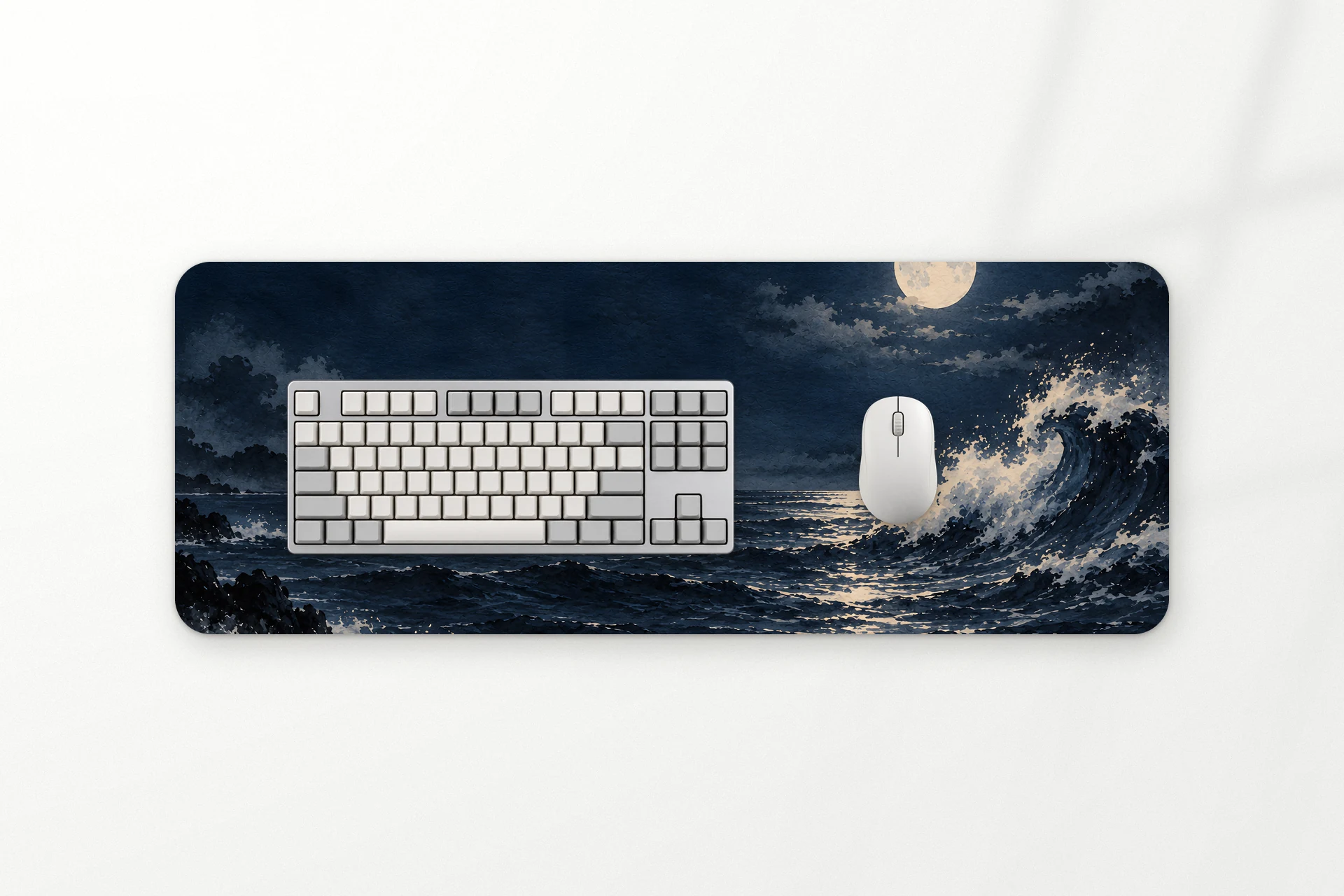 Moon desk mat, a full moon over a dark indigo sea, 80 x 30 cm