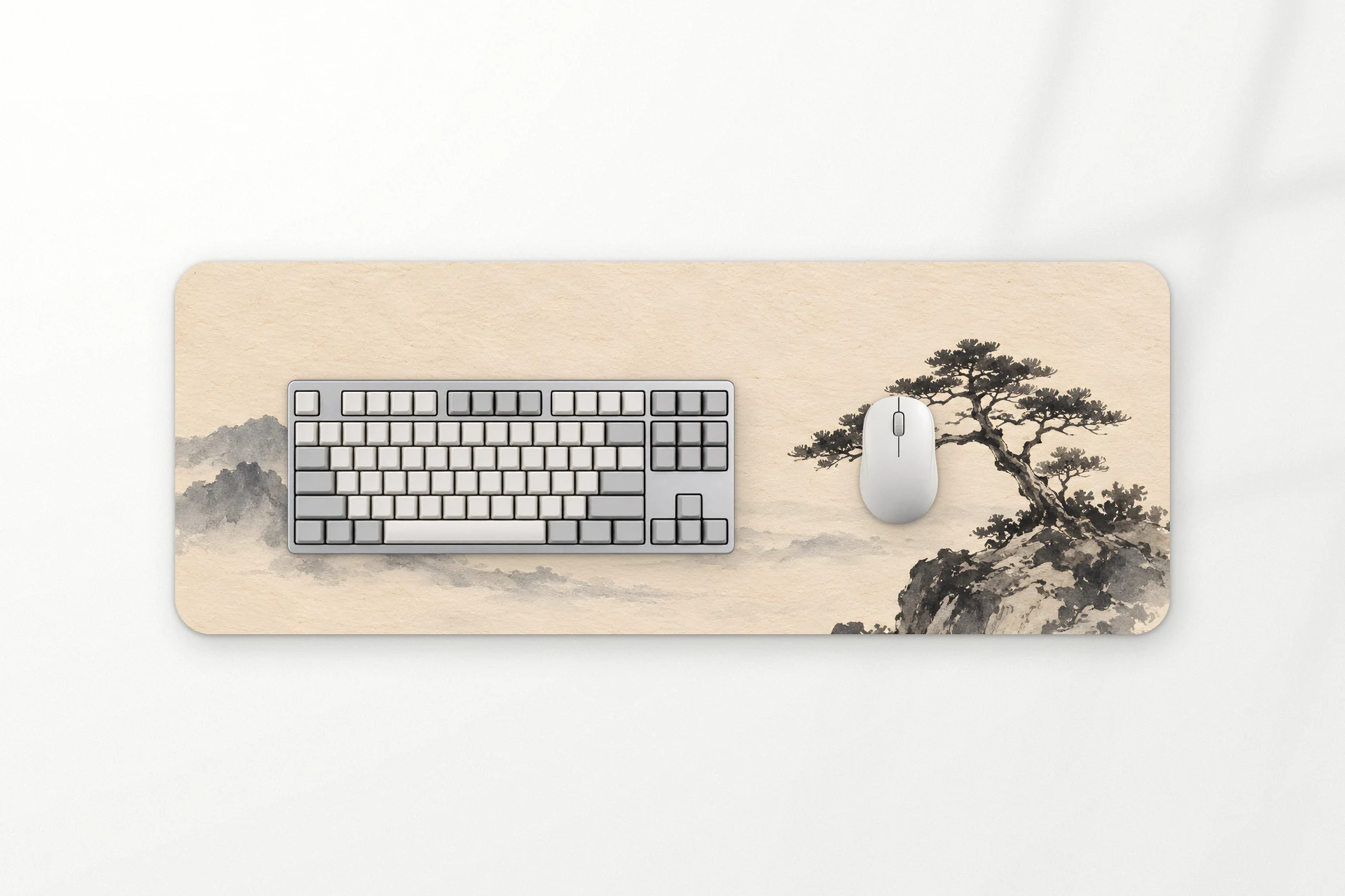 Pine desk mat, an old pine on a rock in Japanese ink, 80 x 30 cm