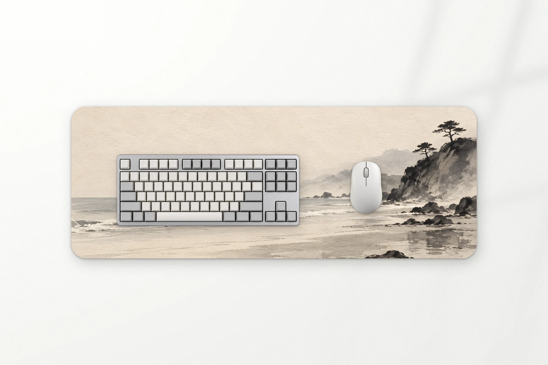 Shore desk mat, an empty beach and a pine headland in sumi ink, 80 x 30 cm