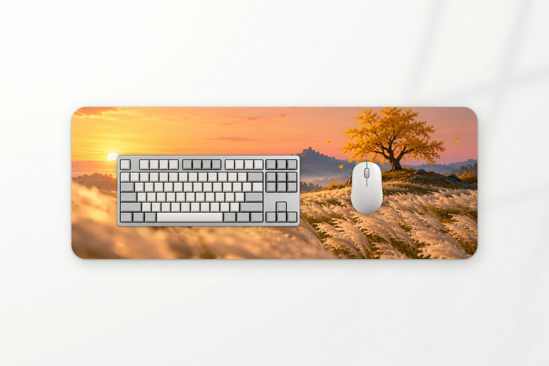ماوس باد Silvergrass، عشب فضي وشجرة جنكة ذهبية عند الغروب، 80x30 سم
