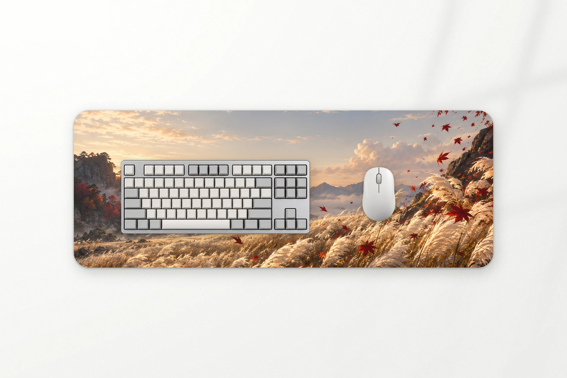 Steppe desk mat, golden grass and red maple leaves at sunrise, 80 x 30 cm