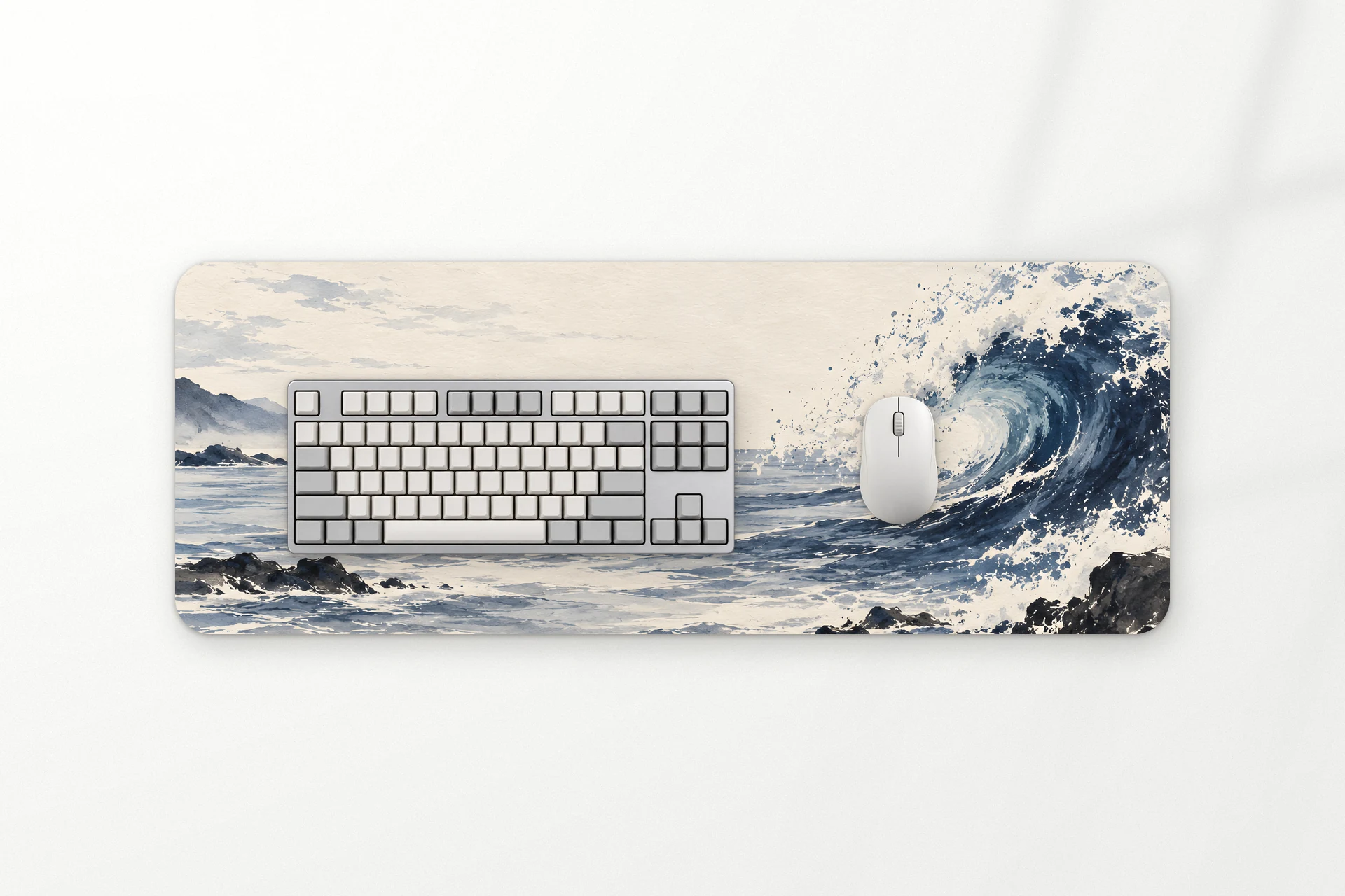 Tide desk mat, an indigo ink wave on rice paper, 80 x 30 cm