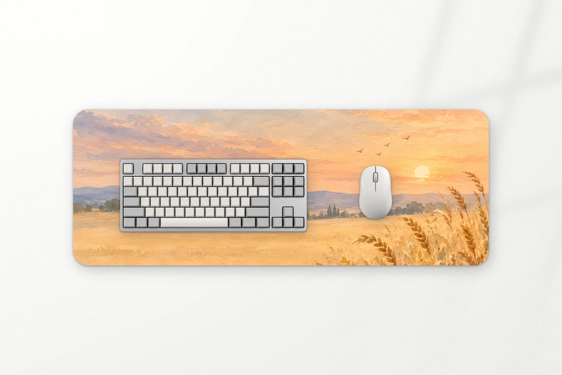Wheat desk mat, a gold wheat field under a warm sky, 80 x 30 cm